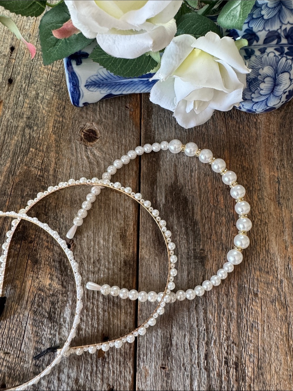 Set of 3 Faux Pearl Headbands – Gold Tone Metal Hair Accessories